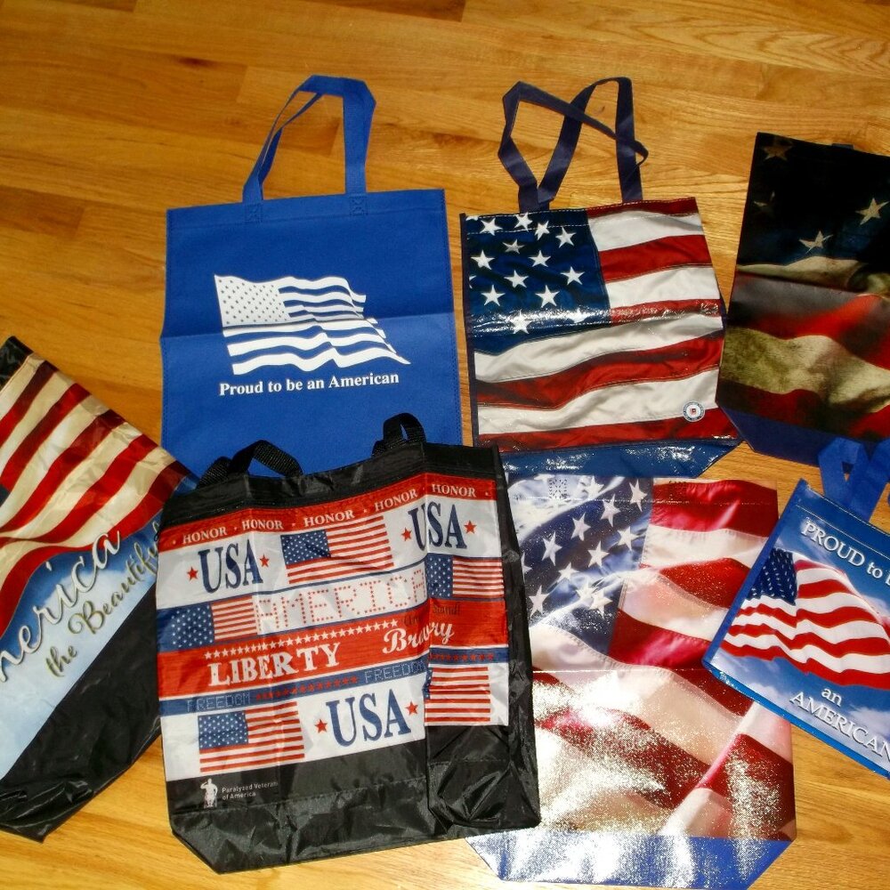 Lot of 8 assorted reusable shopping tote bags - AMERICA American Flag VETERANS